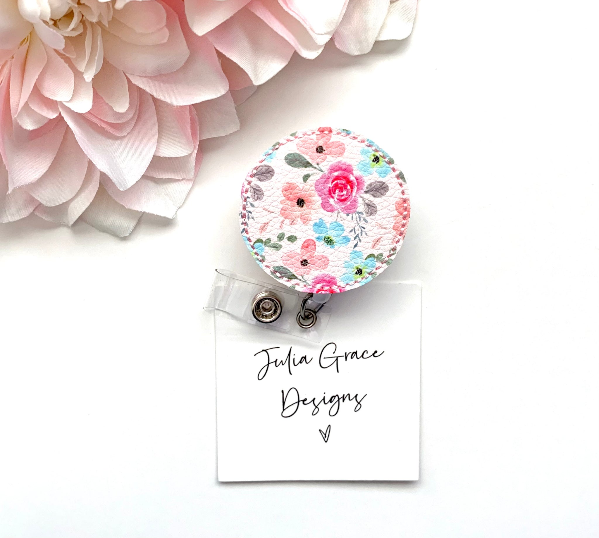Baby Pink Floral Badge Reel, Badge Topper, or Lanyard // Brooch Pin, F –  Julia Grace Designs