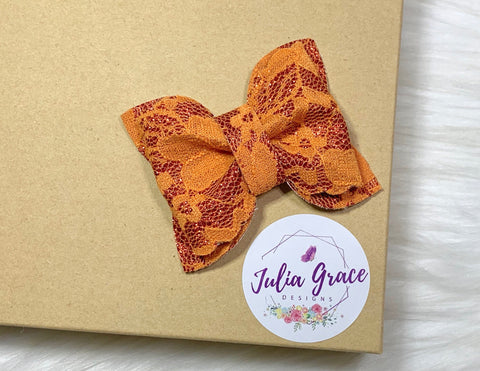Orange Lace Bow | HEADBAND OR HAIR CLIP (You Choose!) | 2.5" Bow - Julia Grace Designs