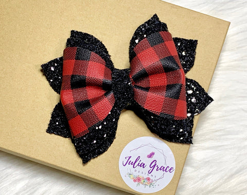 Black & Red Buffalo Plaid Glitter Bow | HEADBAND OR HAIR CLIP (You Choose!) | 4.5" Nora Bow - Julia Grace Designs