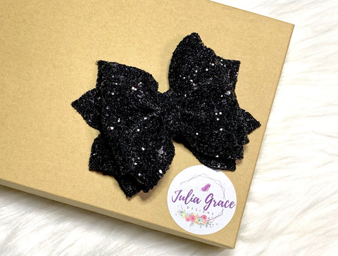Black Glitter Bow | HEADBAND OR HAIR CLIP (You Choose!) | 4" Nora Bow - Julia Grace Designs