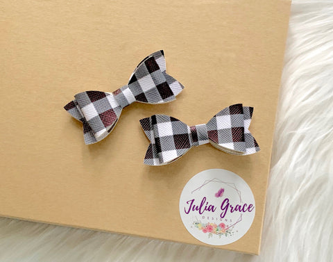 MINI White/Black Buffalo Plaid Bow | HEADBAND OR HAIR CLIP (You Choose!) | 2" Anna Bow - Julia Grace Designs