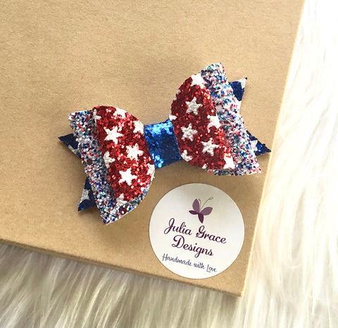 4th of July Glitter Bow HEADBAND or CLIP, 4th of July Bow, Girls Hairbow, 4th of July Barrette, No Slip Hair Clip, Girl Hair Clip, Patriotic Bow, Girl - Julia Grace Designs