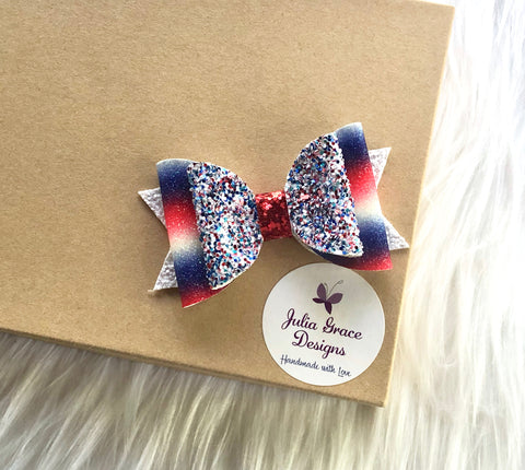 4th of July Glitter Bow HEADBAND or CLIP, 4th of July Bow, Girls Hairbow, 4th of July Barrette, No Slip Hair Clip, Girl Hair Clip, Patriotic Bow, Girl - Julia Grace Designs