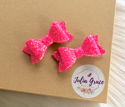 Petite Neon Pink Glitter Bow | HEADBAND OR HAIR CLIP (You Choose!) | 2" Bow - Julia Grace Designs