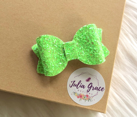Glitter Neon Green Bow | HEADBAND OR HAIR CLIP (You Choose!) | 3" Bow - Julia Grace Designs