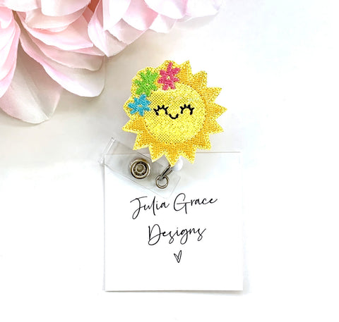 Cute Floral Sun Badge Reel, Badge Topper, or Lanyard // Brooch Pin, Fridge Magnet, Planner Clip