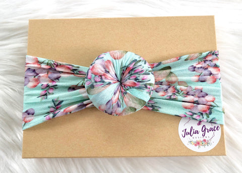 Aqua Floral Top Knot Nylon Headwrap - Julia Grace Designs