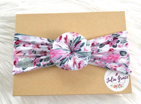 Pink Floral Top Knot Nylon Headwrap - Julia Grace Designs