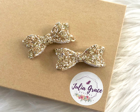 Petite Gold Glitter Bow | HEADBAND OR HAIR CLIP (You Choose!) | 2" Bow - Julia Grace Designs