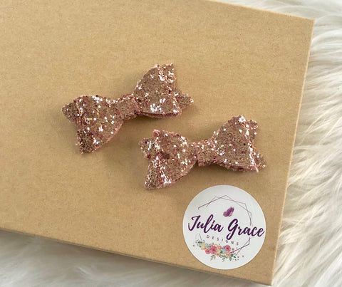 Petite Light Rose Gold Glitter Bow | HEADBAND OR HAIR CLIP (You Choose!) | 2" Bow - Julia Grace Designs