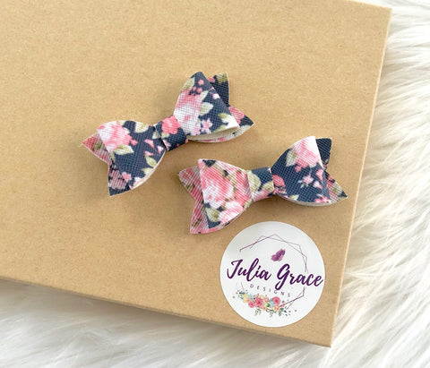 Petite Navy Blue Floral Bow | HEADBAND OR HAIR CLIP (You Choose!) | 2" Bow - Julia Grace Designs