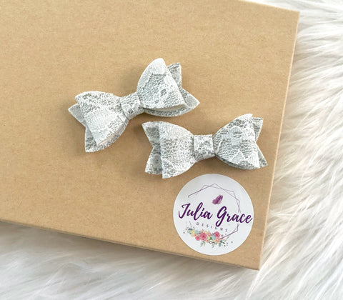 Petite Silver Lace Textured Glitter Bow | HEADBAND OR HAIR CLIP (You Choose!) | 2" Bow - Julia Grace Designs