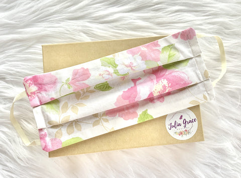 IVORY FLORAL FACE COVER | ADULT & CHILD SIZES | POCKET FILTER/ NOSE WIRE OPTIONS - Julia Grace Designs