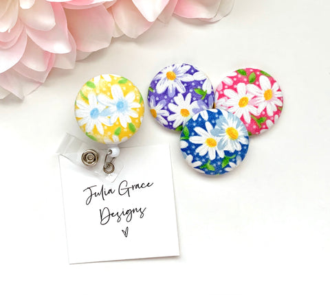 Floral Daisy Badge Reel, Badge Topper, or Lanyard // Fabric Button Badge Reel
