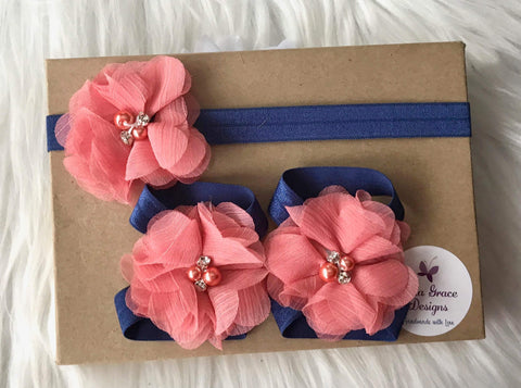 Coral & Navy Barefoot Sandals and Headband, Baby Barefoot Sandals, Newborn Sandals, Baby Girl Sandals, Baby Shoes, Baby Girl Shoes, Sandals