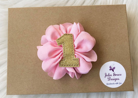Light Pink and Gold First Birthday Hair Clip, Baby Hair Clip, Baby Hairbow, Baby Girl Headband, Infant Headband, 1st Birthday Hairbow, Bow