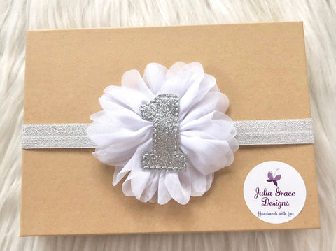 White and Silver First Birthday Headband, Baby Headband, Newborn Headband, Baby Girl Headband, Infant Headband, 1st Birthday Headband, Baby
